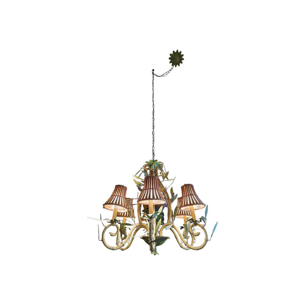Vintage Italian Faux Bamboo Tole Chandelier with Parrots