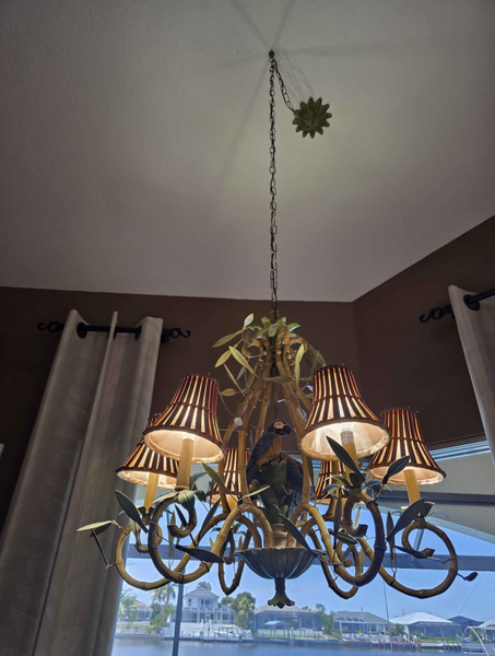Vintage Italian Faux Bamboo Tole Chandelier with Parrots