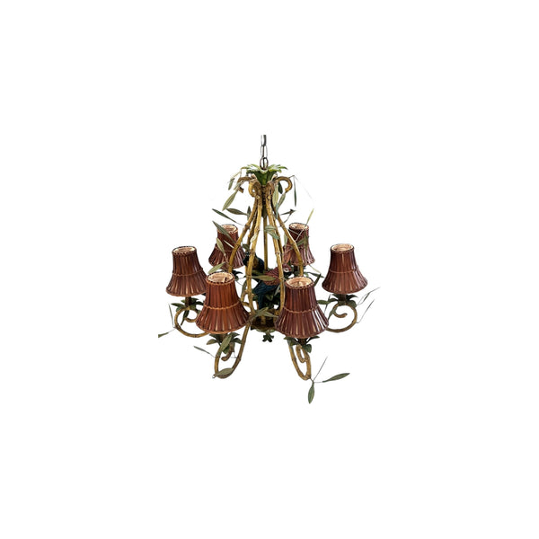 Vintage Italian Faux Bamboo Tole Chandelier with Parrots