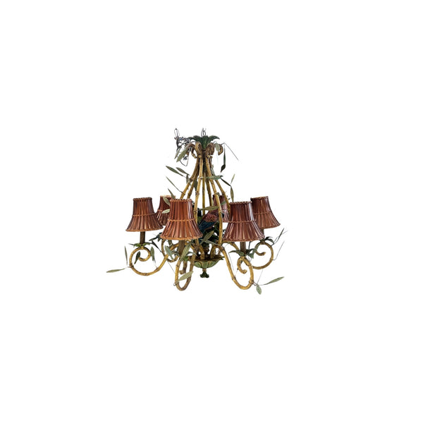 Vintage Italian Faux Bamboo Tole Chandelier with Parrots