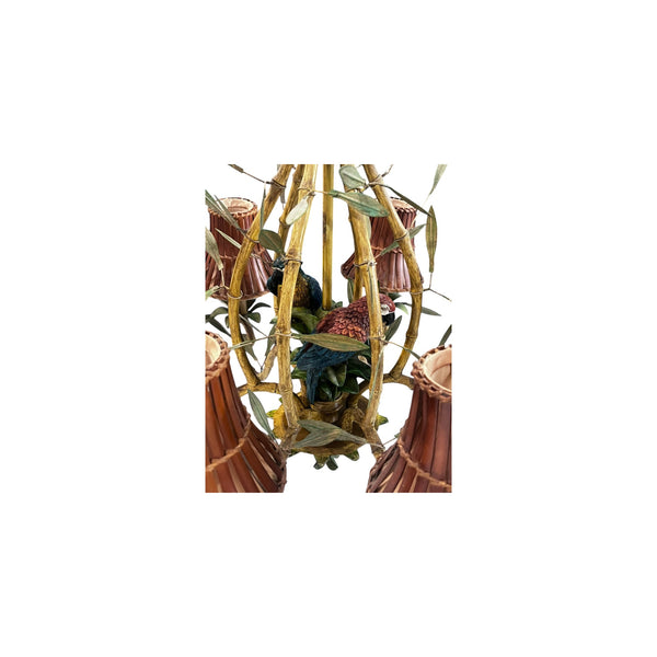 Vintage Italian Faux Bamboo Tole Chandelier with Parrots