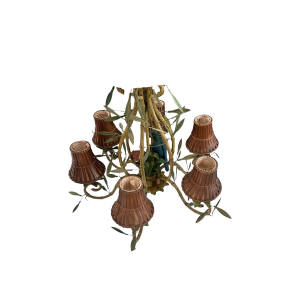 Vintage Italian Faux Bamboo Tole Chandelier with Parrots