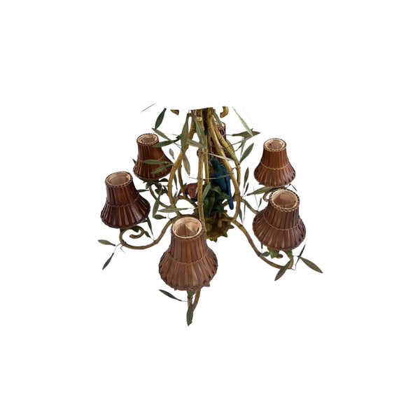 Vintage Italian Faux Bamboo Tole Chandelier with Parrots