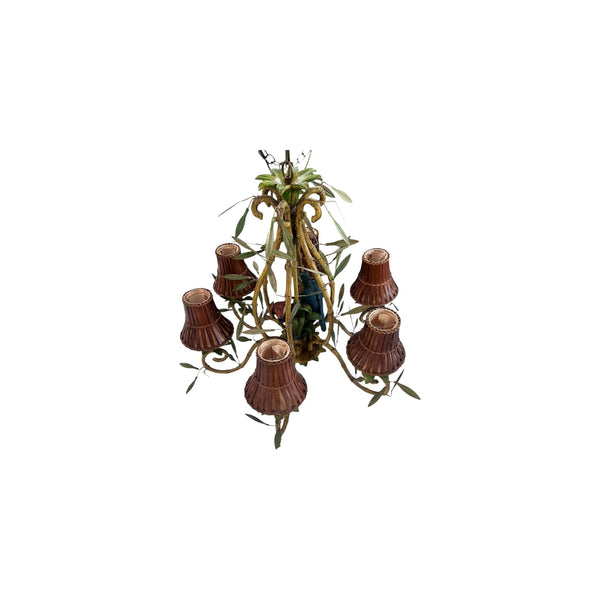 Vintage Italian Faux Bamboo Tole Chandelier with Parrots