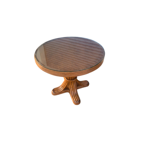 Vintage Rattan Dining Round Bistro Table light color with 36" glass