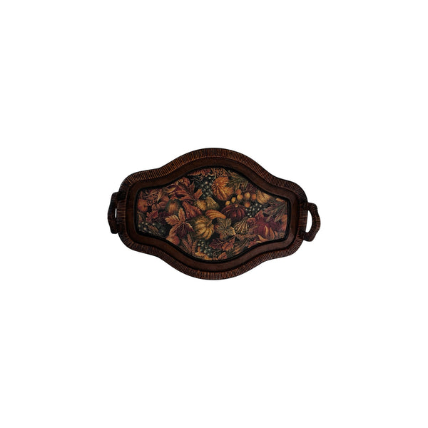 Vintage Wooden Wicker wrapped serving tray with handles fall theme