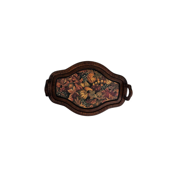 Vintage Wooden Wicker wrapped serving tray with handles fall theme
