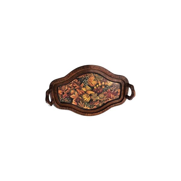 Vintage Wooden Wicker wrapped serving tray with handles fall theme