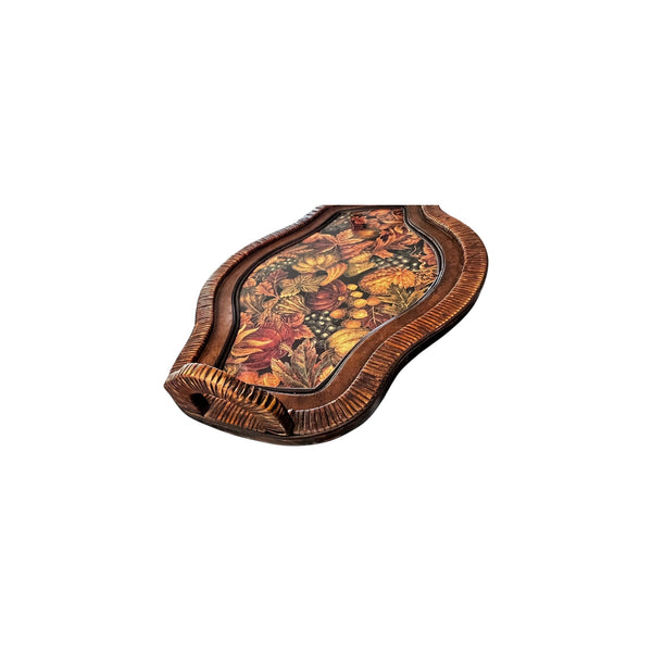 Vintage Wooden Wicker wrapped serving tray with handles fall theme