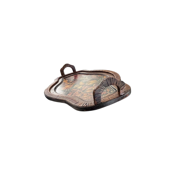 Vintage Wooden Wicker wrapped serving tray with handles fall theme