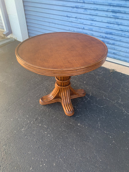Vintage Rattan Dining Round Bistro Table light color with 36" glass