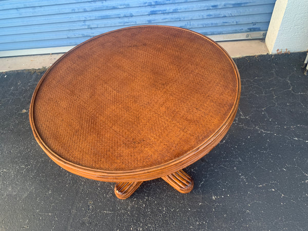 Vintage Rattan Dining Round Bistro Table light color with 36" glass