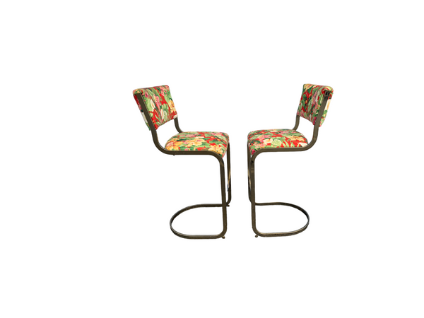 Milo Baughman Style Mid-Century Hollywood Regency Cantilevered Bar Stools (Pair)