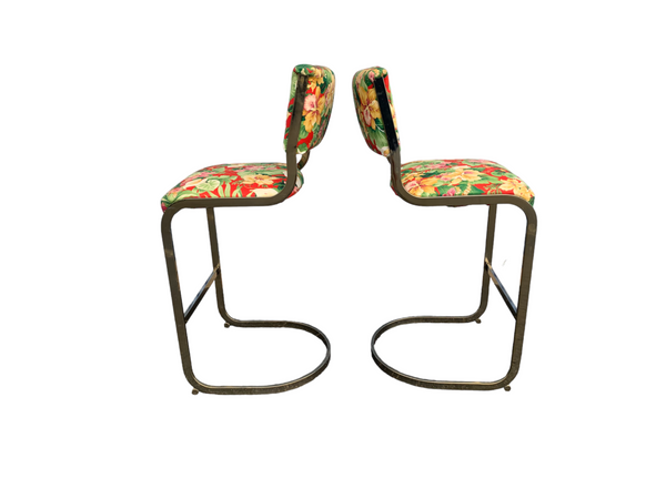 Milo Baughman Style Mid-Century Hollywood Regency Cantilevered Bar Stools (Pair)