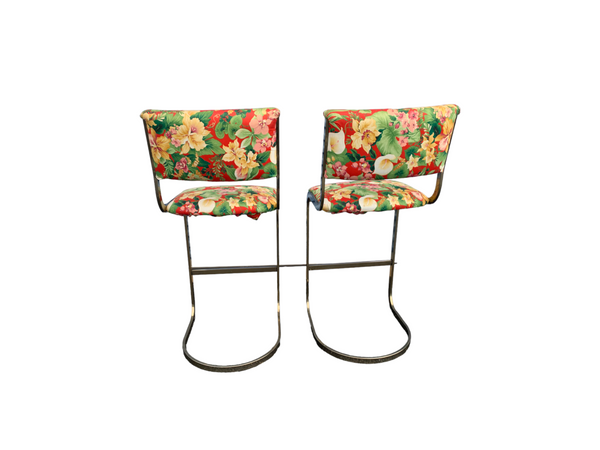 Milo Baughman Style Mid-Century Hollywood Regency Cantilevered Bar Stools (Pair)