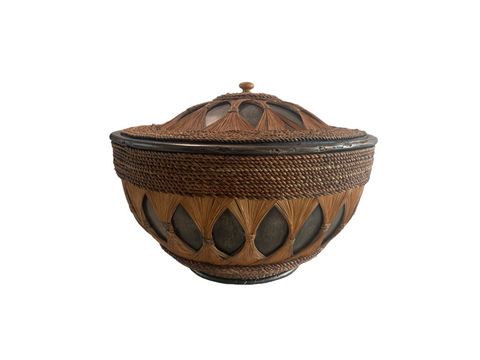 Natural Woven Fiber & Wood Fiberglass Container with Lid