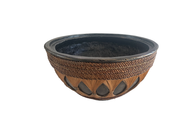 Natural Woven Fiber & Wood Fiberglass Container with Lid