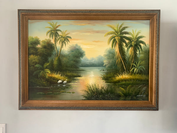 M. Harding Oil on Canvas Tropical Painting Signed 30" x 41.5