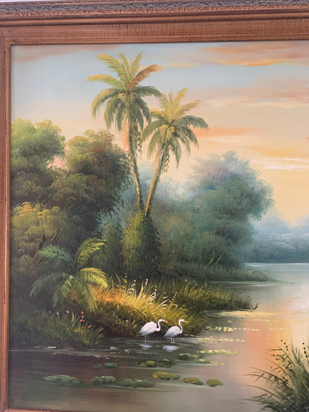 M. Harding Oil on Canvas Tropical Painting Signed 30" x 41.5