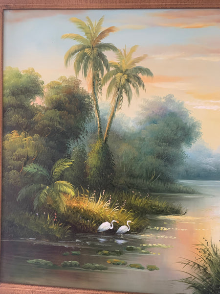 M. Harding Oil on Canvas Tropical Painting Signed 30" x 41.5