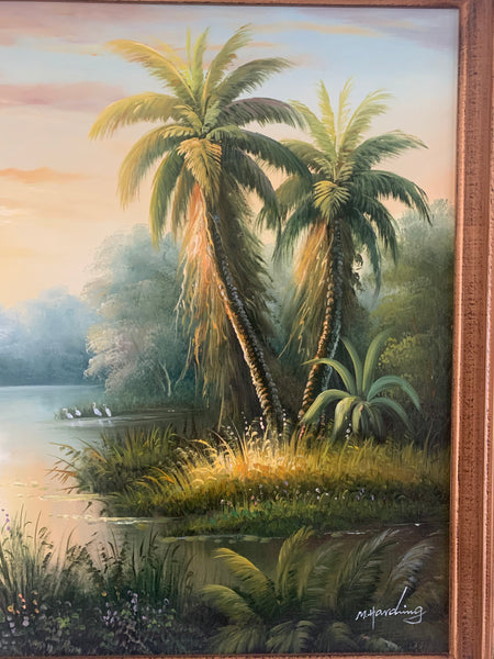 M. Harding Oil on Canvas Tropical Painting Signed 30" x 41.5