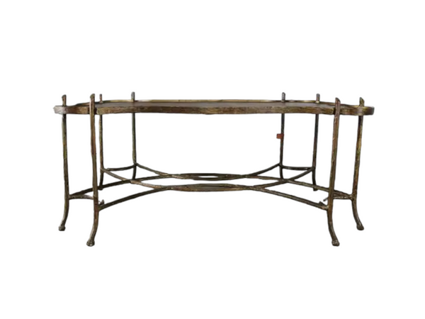 Vintage Gilded Iron Faux Bois Coffee Table with Tole Painted Tray Style Top