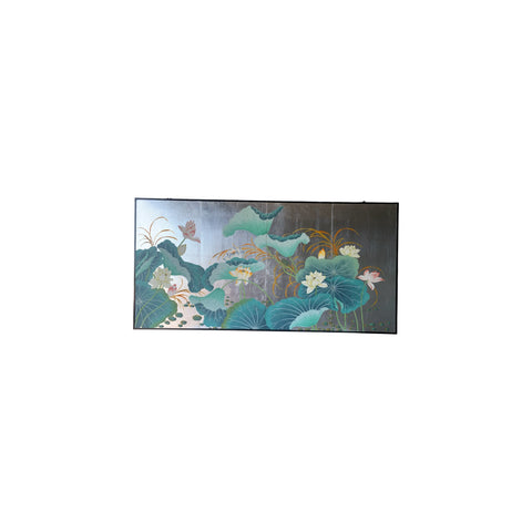 Asian Hand Painted Silver Gilt Four Panel Screen with lotus and lilies 72" x 36"