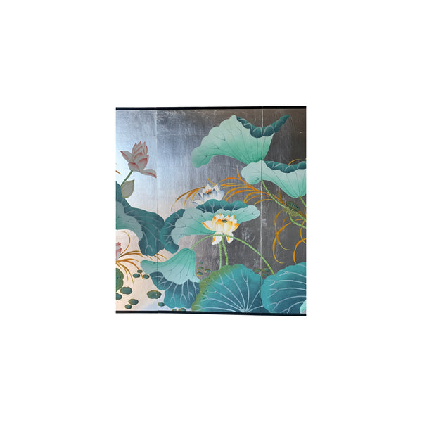 Asian Hand Painted Silver Gilt Four Panel Screen with lotus and lilies 72" x 36"