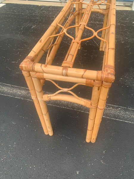 Rattan Burnt Bamboo Console Sofa Rattan Table Vintage Hollywood Regency Palm Beach