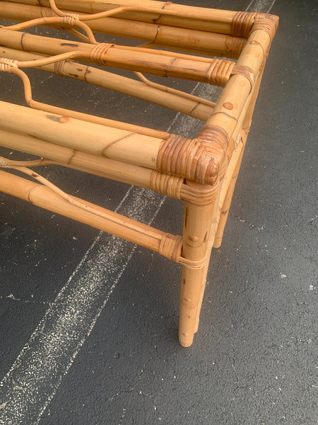 Rattan Burnt Bamboo Console Sofa Rattan Table Vintage Hollywood Regency Palm Beach
