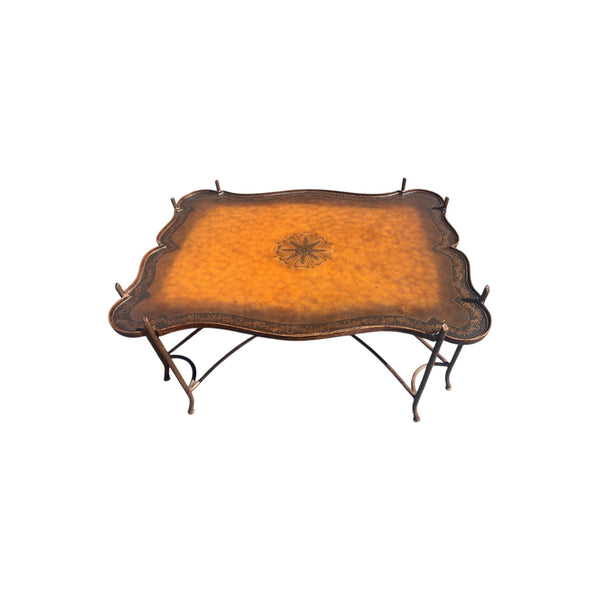 Vintage Gilded Iron Faux Bois Coffee Table with Tole Painted Tray Style Top