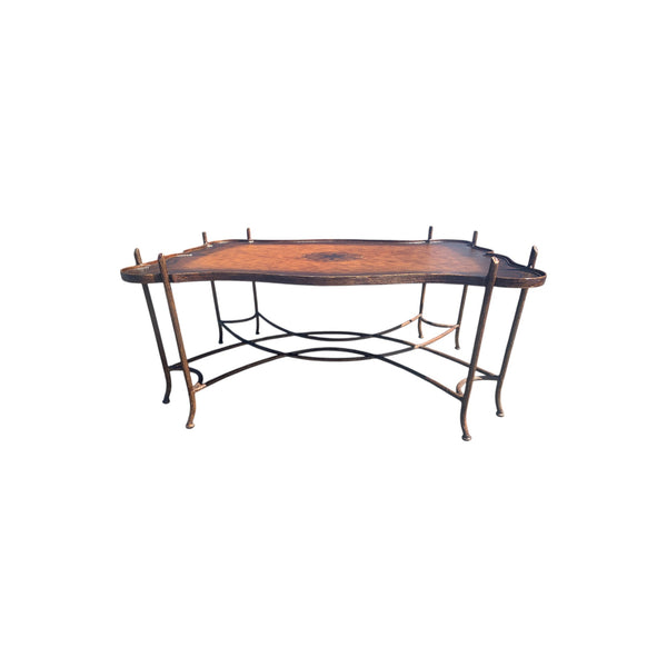 Vintage Gilded Iron Faux Bois Coffee Table with Tole Painted Tray Style Top