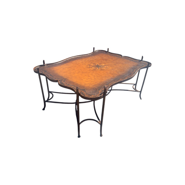 Vintage Gilded Iron Faux Bois Coffee Table with Tole Painted Tray Style Top