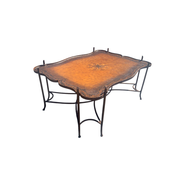 Vintage Gilded Iron Faux Bois Coffee Table with Tole Painted Tray Style Top