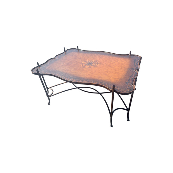 Vintage Gilded Iron Faux Bois Coffee Table with Tole Painted Tray Style Top