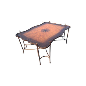Vintage Gilded Iron Faux Bois Coffee Table with Tole Painted Tray Style Top