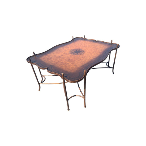 Vintage Gilded Iron Faux Bois Coffee Table with Tole Painted Tray Style Top