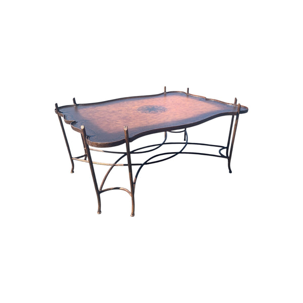 Vintage Gilded Iron Faux Bois Coffee Table with Tole Painted Tray Style Top