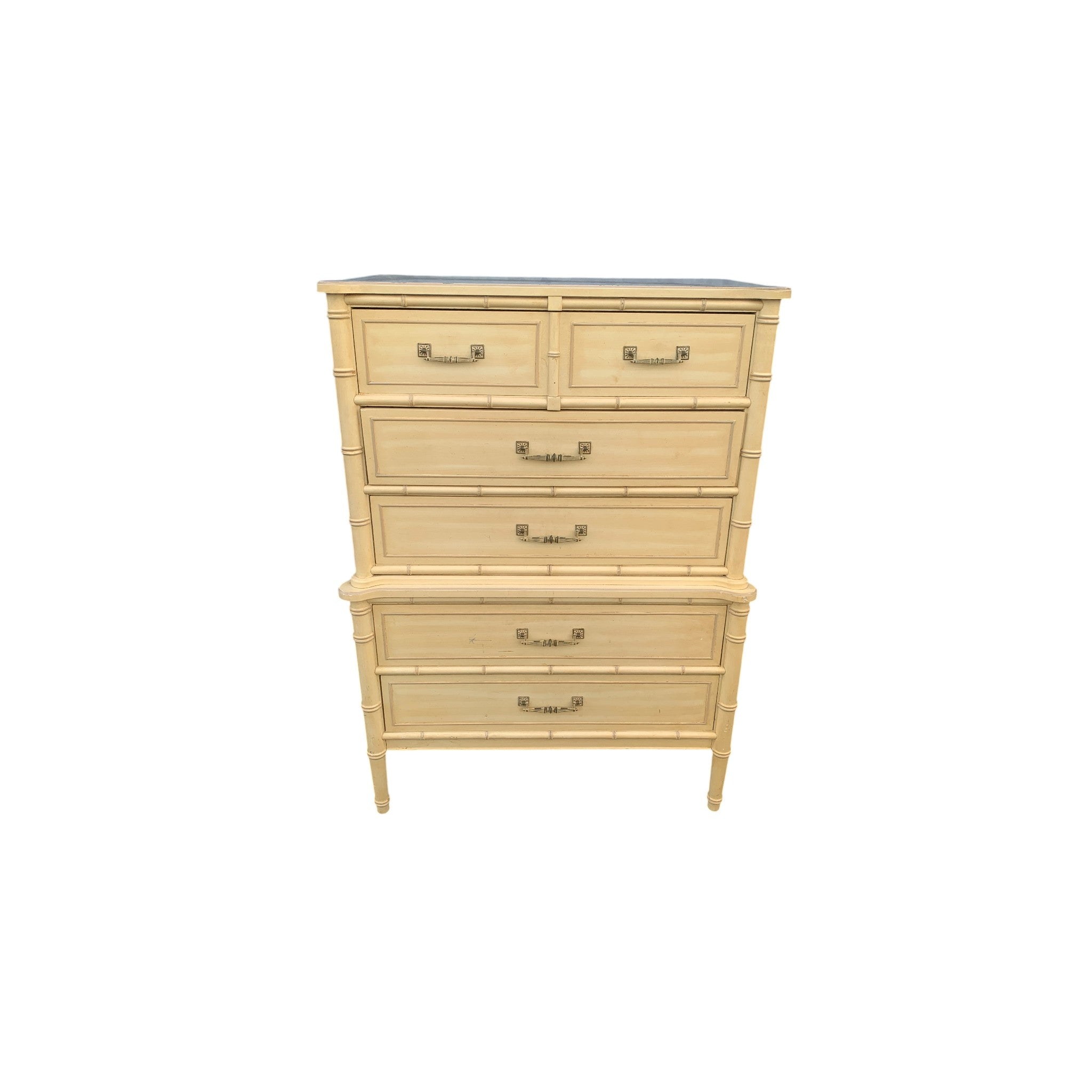Henry Link Bali Hai Tallboy Dresser - 1970s Vintage Two Tier Faux Bamboo Chest of 5 Drawers Hollywood Regency