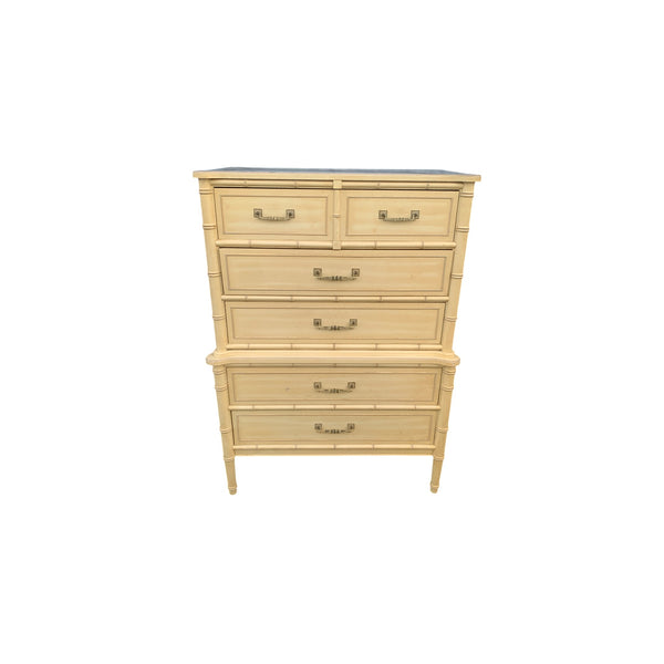 Henry Link Bali Hai Tallboy Dresser - 1970s Vintage Two Tier Faux Bamboo Chest of 5 Drawers Hollywood Regency