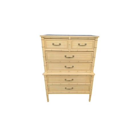 Henry Link Bali Hai Tallboy Dresser - 1970s Vintage Two Tier Faux Bamboo Chest of 5 Drawers Hollywood Regency