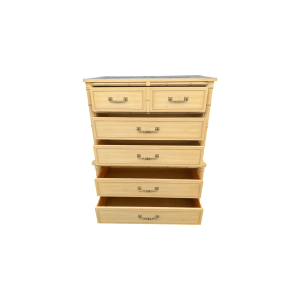 Henry Link Bali Hai Tallboy Dresser - 1970s Vintage Two Tier Faux Bamboo Chest of 5 Drawers Hollywood Regency