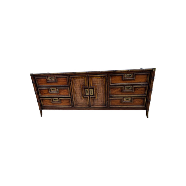 Stanley Hollywood Regency Chinoiserie Faux Bamboo Triple Dresser with Mirrors