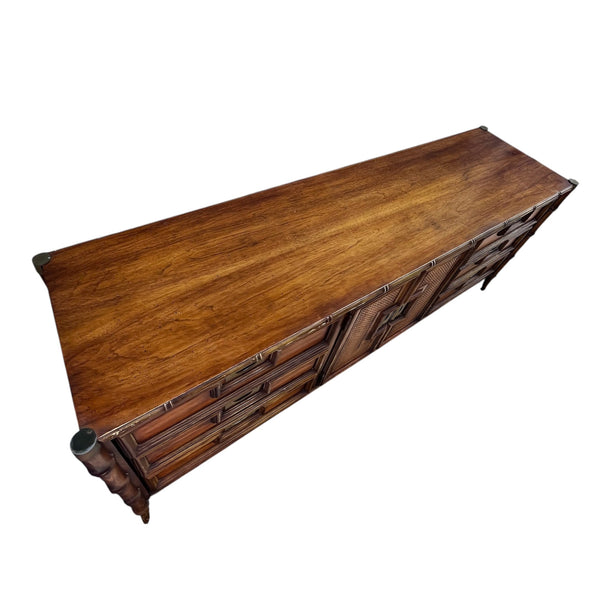 Stanley Hollywood Regency Chinoiserie Faux Bamboo Triple Dresser with Mirrors
