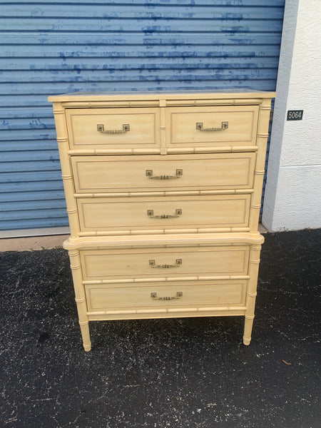 Henry Link Bali Hai Tallboy Dresser - 1970s Vintage Two Tier Faux Bamboo Chest of 5 Drawers Hollywood Regency