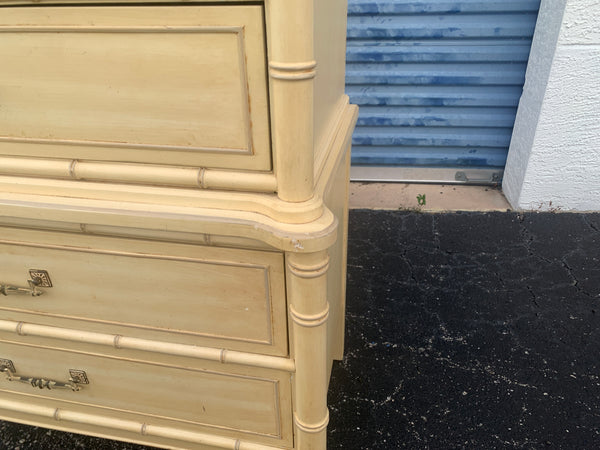 Henry Link Bali Hai Tallboy Dresser - 1970s Vintage Two Tier Faux Bamboo Chest of 5 Drawers Hollywood Regency