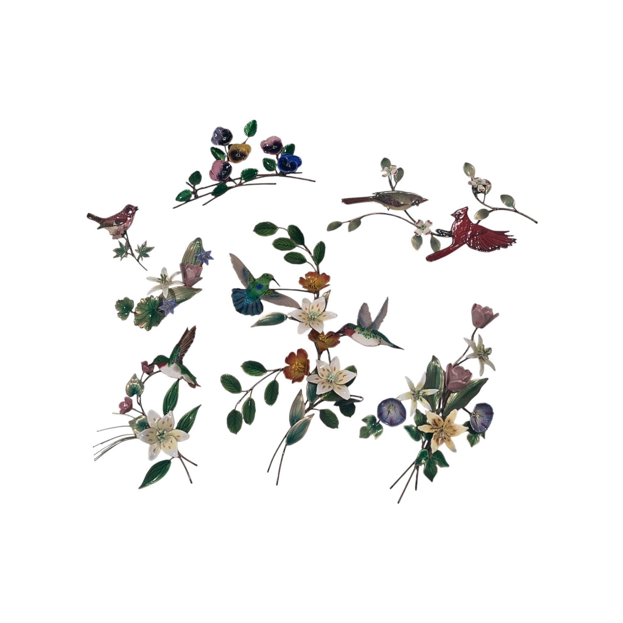 7 Vintage Enamel Wall Cooper Sculptures by Bovano of Cheshire, florals and birds