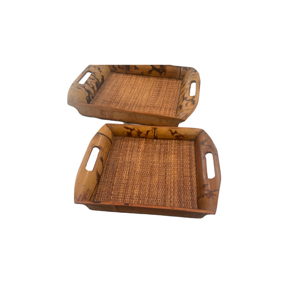Vintage burnt bamboo serving trays set of 2