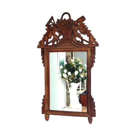 French Louis XVI Style Vintage Carved Wall Mirror W/ Garden Tools & Basket Roses