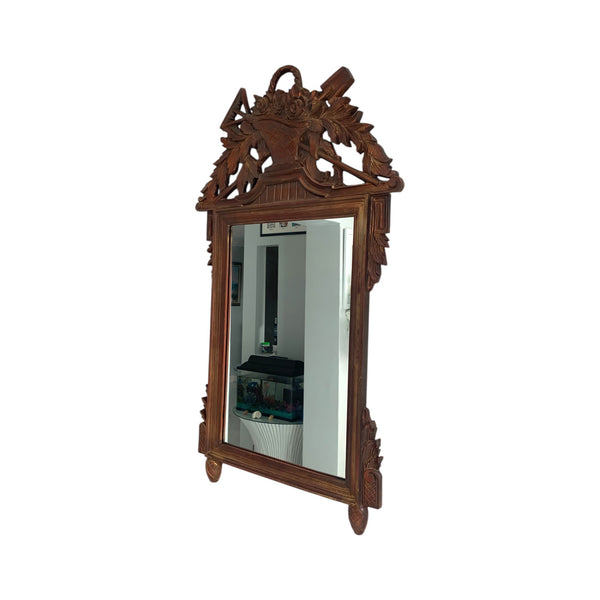 French Louis XVI Style Vintage Carved Wall Mirror W/ Garden Tools & Basket Roses
